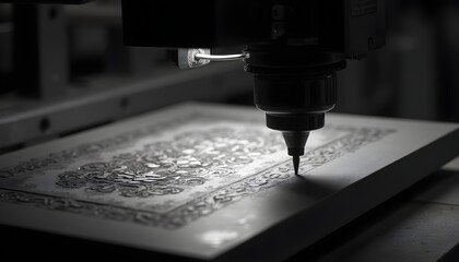 Engraving Machine Detailing Intricate Pattern on Surface in Monochrome Close Up