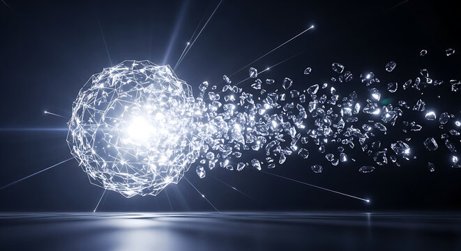 A glowing sphere with a wireframe structure disintegrating into sparkling shards on a dark surface ai generated