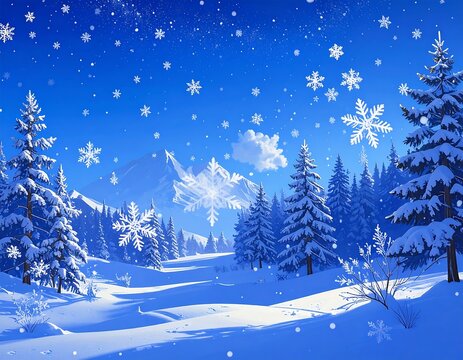 Snowy mountain landscape with pine trees and falling snowflakes - Powered by Adobe