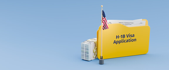 H-1B Visa concept: Applying for a H1-B visa in the USA. A file folder with forms I-129 and an American flag and a bundle of 100 USD bills in the amount of 100.000 USD.
