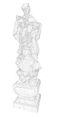 A black and white 3D wireframe statue of a man holding a bird in his hand, featuring an intricate and unique geometric design.