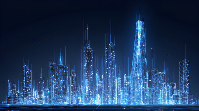 Futuristic city landscape background blue. Low poly wireframe night buildings with glowing effect. Abstract tech smart cityscape background. Innovation skyscrapers and offices. Vector illustration. - Powered by Adobe