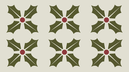 Pattern of six holly leaf motifs with red berries on a light beige background in a symmetrical arrangement