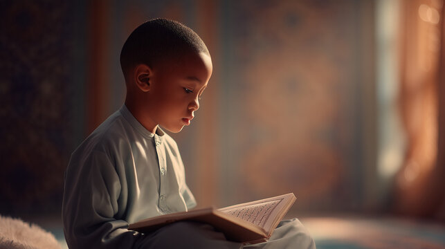 Young Muslim boy reading Quran in serene indoor environment