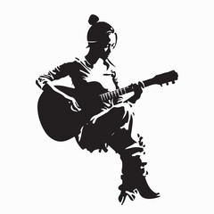 Relaxed Young Woman Silhouette Playing Acoustic Guitar Vector on White Background
