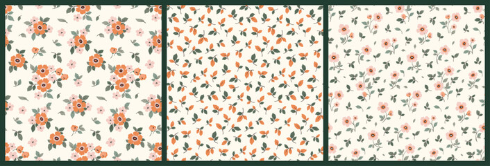 Seamless floral pattern, liberty ditsy print collection in natural colors. Delicate rustic botanical design of hand drawn small flowers, tiny leaves, simple bouquets on a white. Vector illustration. © Yulya i Kot