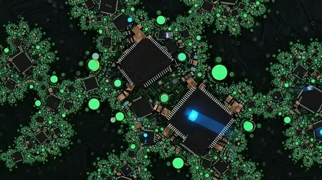 Abstract digital landscape featuring intricate circuit patterns and glowing green elements