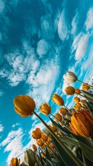 Tulips close-up from below, sky above them, ground below. Spring garden, blooming flowers, bright petals, wide-angle perspective, sunny mood.