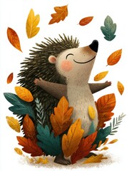 hedgehog with autumn leaves