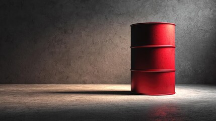 Brent oil barrel standing on plain surface concept. A stack of three red barrels in a dimly lit industrial space.