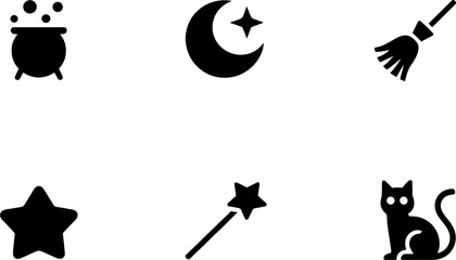 Halloween Themed Silhouettes of Cauldron Moon Star Broom Cat
