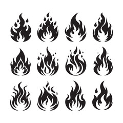 Twelve Black Stylized Fire Flame Icons and Symbols on White Background heat