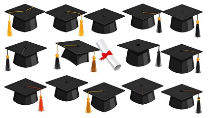Collection of graduation caps in various orientations, displayed against a plain white background, showcasing academic achievement.