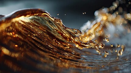 Olive or engine oil splash with wave motion concept. A close-up view of shimmering waves in golden hues.