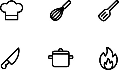 Cooking kitchen utensils set chef hat whisk spatula knife pot and flames for culinary designs