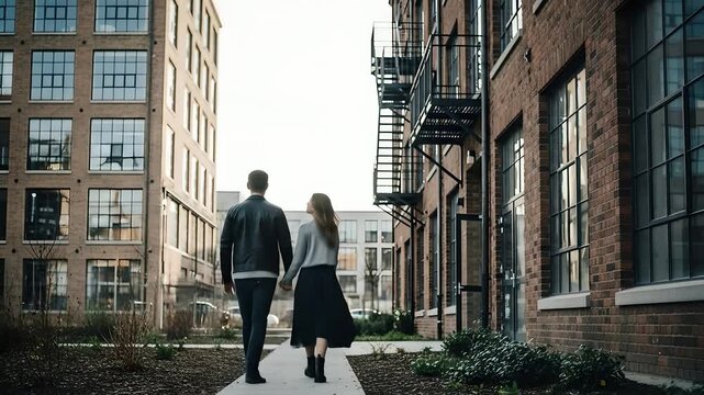 Couple walks holding hands on city street. Man and woman stroll past brick buildings, urban lifestyle concept, relationships, love, togetherness, architecture, city living.