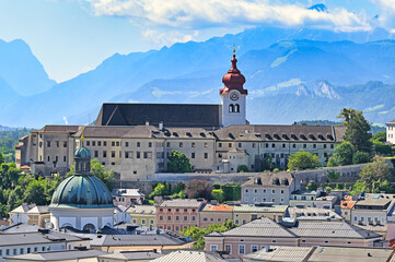 Nonnberg abbey and alpine range in Salzburg, Salzburgerland, Austria
