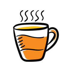 cup of coffee icon, steaming coffee cup with orange liquid and handle doodle beverage break vector icon