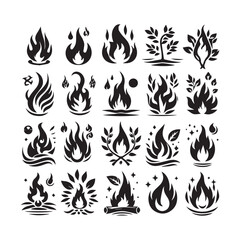Twenty stylized black silhouette icons of fire flames, incorporating nature elements like leaves, branches, and trees on a white background Keywords: fire, flame, icon, symbol, heat, energy, power
