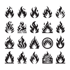 Variety of Black Fire Flame Icons Including Abstract and Circular Designs on White Background Keywords: fire, flame, icon, symbol, heat, energy, power, danger, burn, blaze, inferno, bonfire