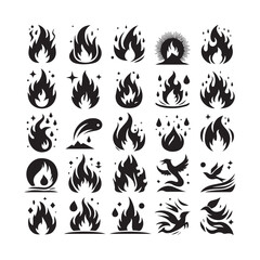 Twenty-five stylized black silhouette icons of fire flames, including abstract designs, birds, and nature elements on a white background Keywords: fire, flame, icon, symbol, heat, energy, power
