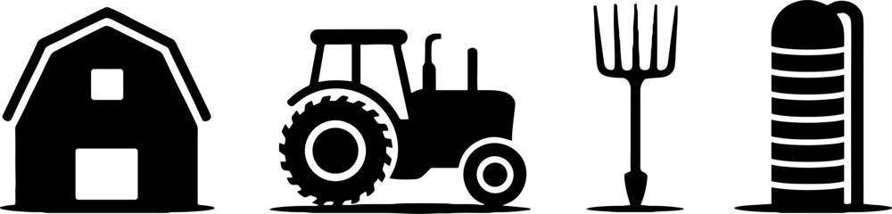 Farm Elements Vector Illustration Barn Tractor Pitchfork Silos