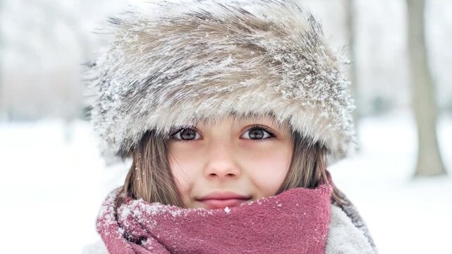 A young girl wears a warm furry hat and matching scarf, ready for the cold weather