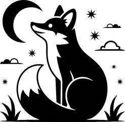 Naklejka premium Fox sitting under crescent moon night sky with stars and clouds magical nature illustration for tattoo design