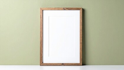 Empty Vertical Wooden Frame Mockup with White Mat on Textured Sage Green Wall