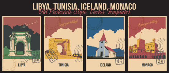 Fototapeta premium Libya, Tunisia, Iceland, Monaco Main Attractions Postcard Set. Vík í Mýrdal Church, The Prince’s palace of Monaco, Leptis Magna Ancient Ruins, Ammaedara Arch Ruin