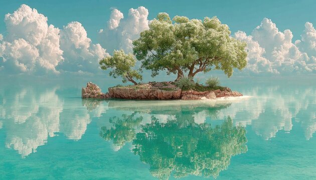 Serene island reflected in glassy turquoise water, lush trees on a small rock outcrop under a sky filled with fluffy clouds