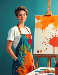 Art specialist standing beside a colorful creative area with paint splashes