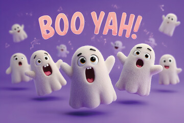 Fototapeta premium Cute 3D Fuzzy Ghost Characters Yelling Boo Yah! on Purple Background