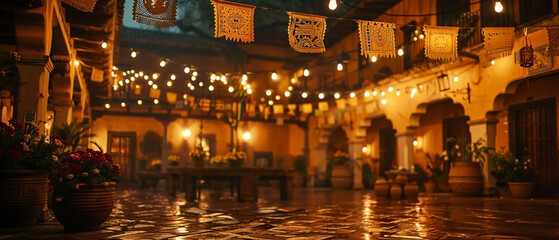 Illuminated courtyard in classic spanish design adorned with colorful pennants