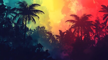 Tropical palm trees colorful sunset landscape wallpaper
