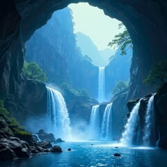 Multi layered waterfalls outside the cave