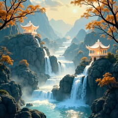 The waterfall and ancient architecture under the golden glow