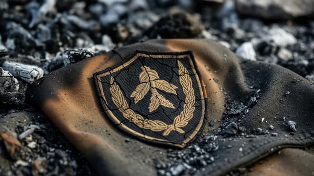 Close-up of military patch on burnt uniform, war concept, ash and destruction, symbol of conflict, destruction, loss, ashes.
