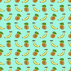 Seamless Tropical Fruit Pattern with Cute Hand-Drawn Pineapples and Bananas