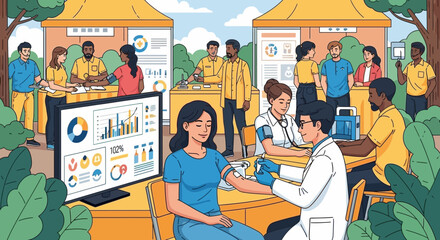 Illustration of community health fair providing free medical screenings and consultations
