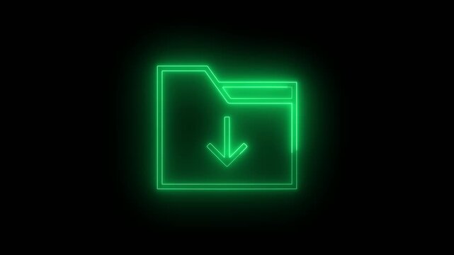 Neon green download folder icon on a black background