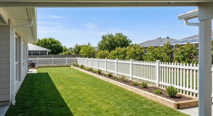 Fototapeta premium Backyard of a house with a white picket fence. Sunny, well-maintained yard with a grass lawn and flowerbeds. Part of a residential neighborhood