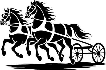 Pair of Running Horses in Harness Pulling Two Wheeled Cart Silhouette for Tattoo Design