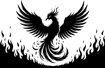 Obraz premium Black Phoenix Rising from Flames Silhouette Tribal Tattoo Design Mythical Bird Illustration for Coloring