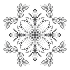 Hand drawn floral medallion link illustration with sketchy line details.