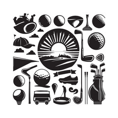 A collage of black golf silhouettes featuring a landscape scene and equipment Keywords: golf equipment golf balls golf clubs golf bag golf shoes golf cap golf shirt golf tees golf accessories golf