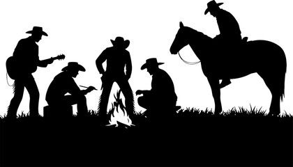 Cowboys Gathered Around Campfire Silhouette with Horse