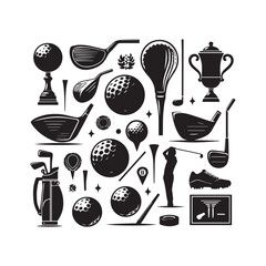 A collection of black silhouette golf icons including clubs balls trophies and a golfer on a white background Keywords: golf, sport, equipment, icon, silhouette, club, ball, trophy, golfer, tee