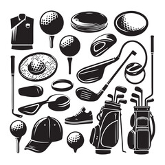 A collection of black silhouettes of golf equipment and apparel arranged in a scattered pattern Keywords: golf equipment golf balls golf clubs golf bag golf shoes golf cap golf shirt golf tees golf