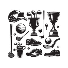 A collection of black silhouettes of golf trophies shoes and clubs on a white background Keywords: golf equipment golf balls golf clubs golf bag golf shoes golf trophy golf accessories golf sport
